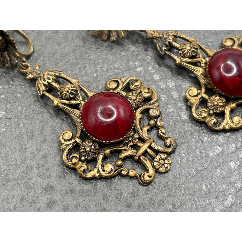 Vintage Czech Art Nouveau Deco Glass Cabochon Flower Dangle Earrings Brass Tone - Picture 4 of 10
